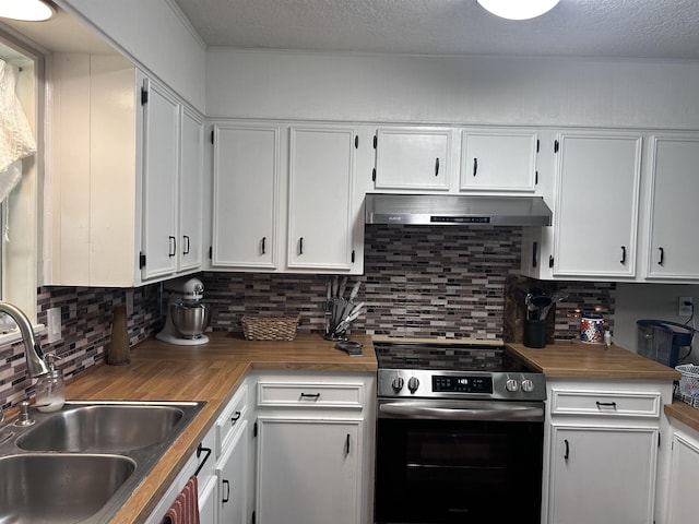 kitchen featuring a sink, under cabinet range hood, white cabinetry, and electric stove