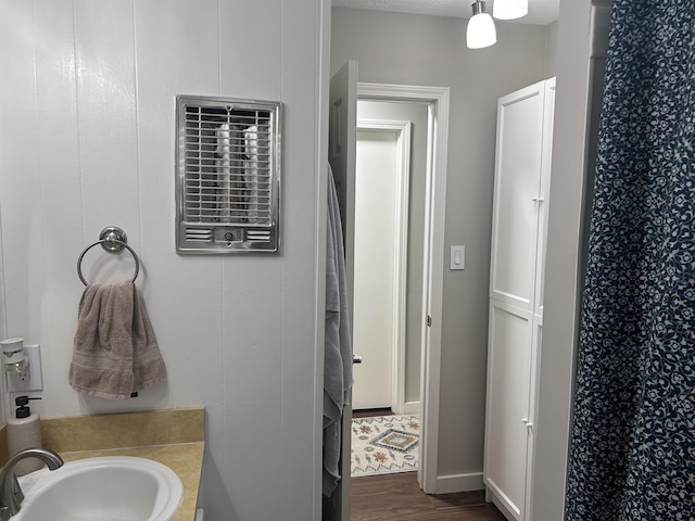 bathroom with wood finished floors and a sink