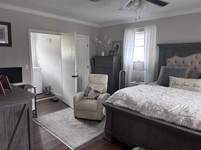 bedroom featuring dark wood-style flooring, crown molding, ceiling fan, a textured ceiling, and washer / dryer