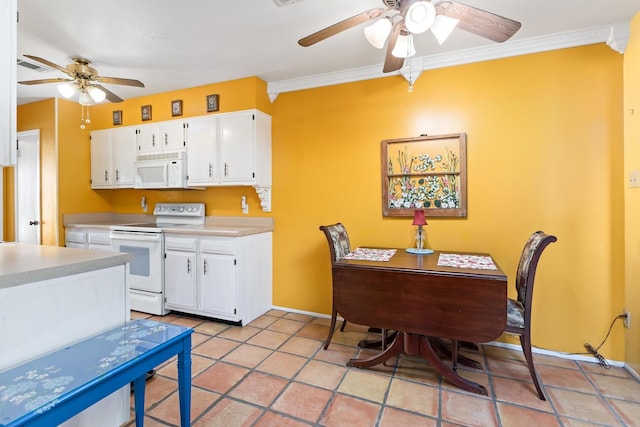 9055 Glen Mdw, Beaumont, TX 77706 - kitchen with white appliances, a ceiling fan, light countertops, crown molding, and white cabinetry
