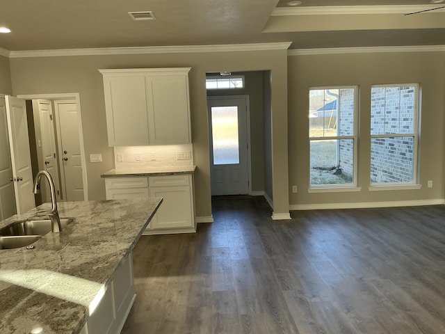 kitchen featuring dark wood-type flooring, sink, white cabinetry, light stone counters, and ornamental molding