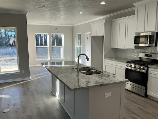 kitchen featuring white cabinetry, an island with sink, appliances with stainless steel finishes, and sink