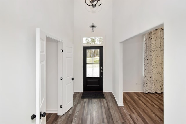 foyer with dark wood finished floors, a high ceiling, and baseboards