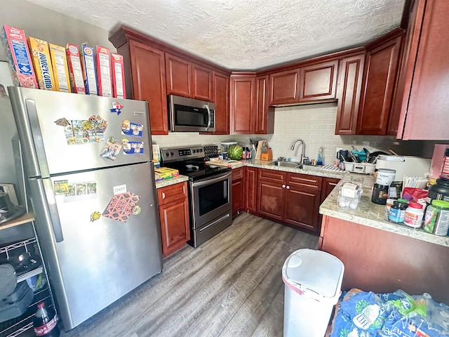 kitchen with backsplash, sink, light hardwood / wood-style flooring, light stone counters, and stainless steel appliances