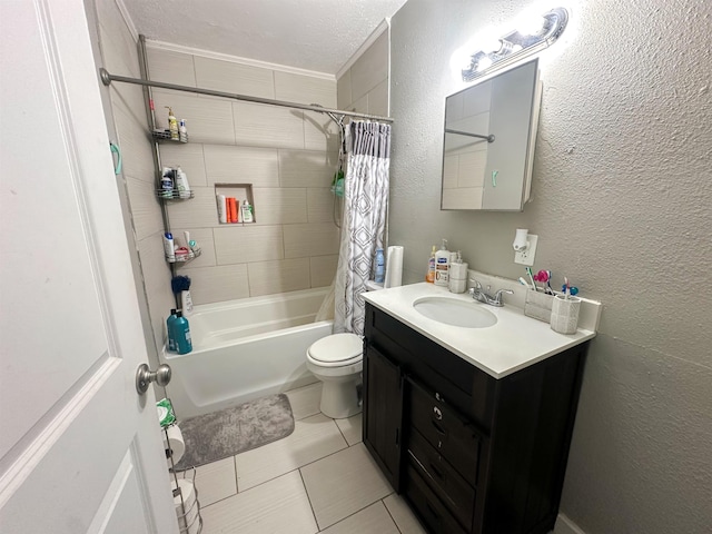 full bathroom with tile patterned flooring, a textured ceiling, toilet, vanity, and shower / tub combo