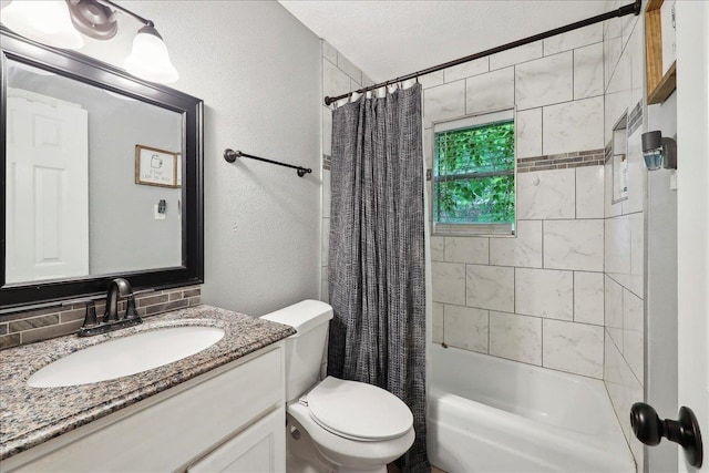 full bath with a textured wall, toilet, vanity, and shower / tub combo with curtain