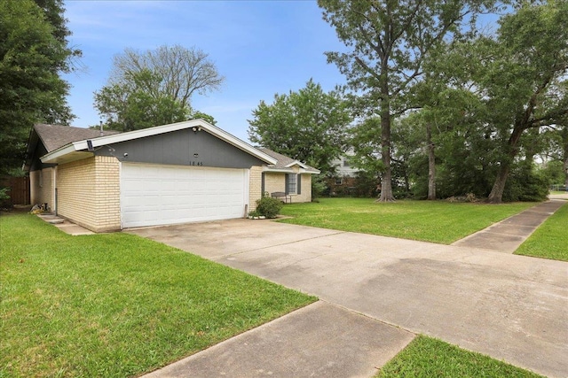 ranch-style home featuring a front lawn, brick siding, driveway, roof with shingles, and an attached garage