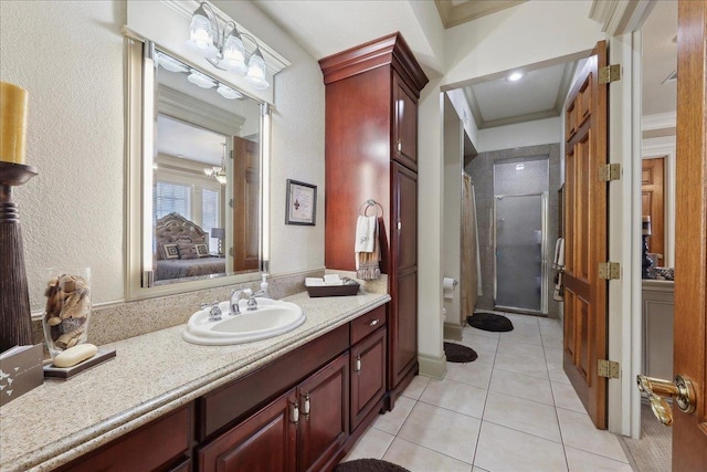 7510 Shadow Creek Dr, Beaumont, TX 77707 - bathroom with connected bathroom, a shower with curtain, tile patterned flooring, vanity, and crown molding