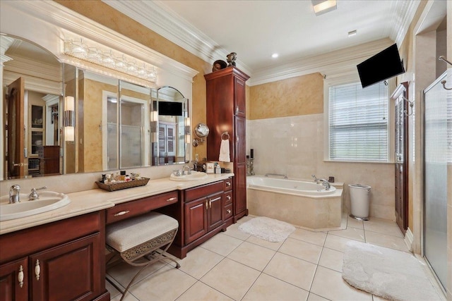 7510 Shadow Creek Dr, Beaumont, TX 77707 - full bathroom with ornamental molding, double vanity, a bath, tile patterned flooring, and a shower stall