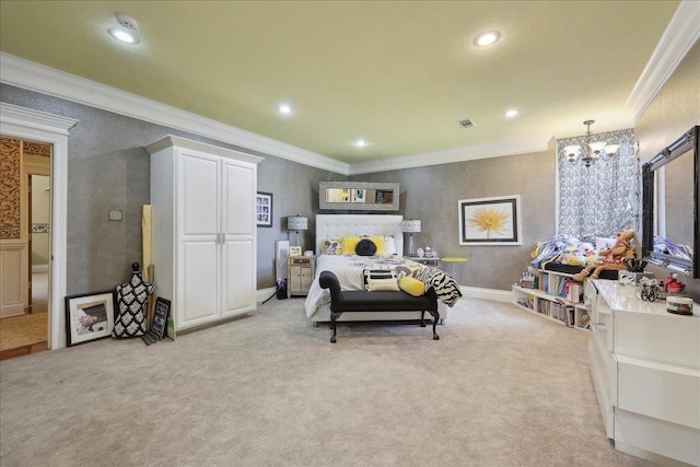 7510 Shadow Creek Dr, Beaumont, TX 77707 - bedroom featuring ornamental molding, a chandelier, light carpet, and recessed lighting