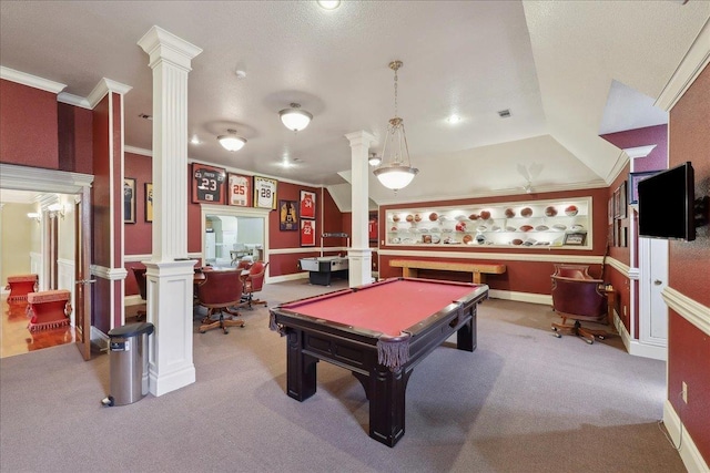 7510 Shadow Creek Dr, Beaumont, TX 77707 - playroom with ornate columns, crown molding, carpet floors, and pool table