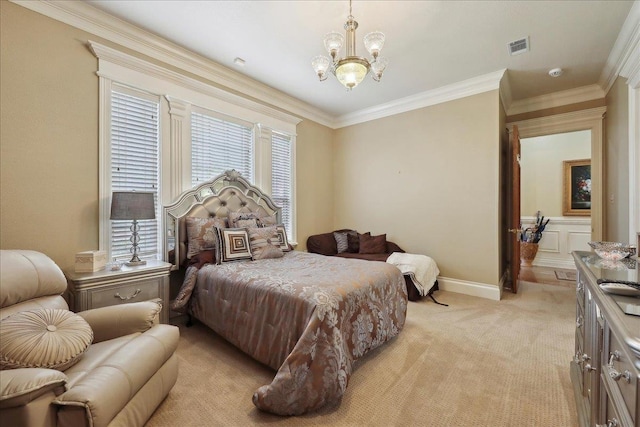 7510 Shadow Creek Dr, Beaumont, TX 77707 - bedroom featuring a chandelier, light colored carpet, and ornamental molding