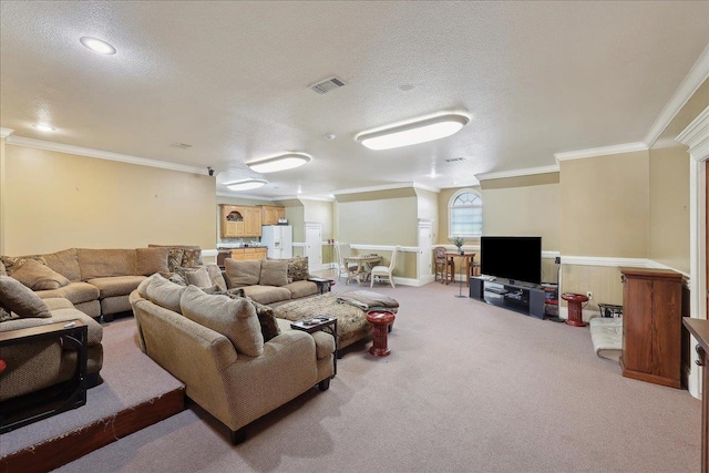 7510 Shadow Creek Dr, Beaumont, TX 77707 - carpeted living room with ornamental molding and a textured ceiling
