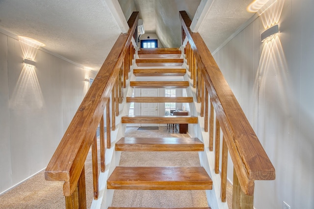 stairway featuring carpet and a textured ceiling