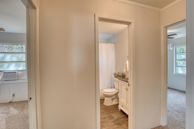 bathroom with crown molding, plenty of natural light, vanity, and hardwood / wood-style flooring