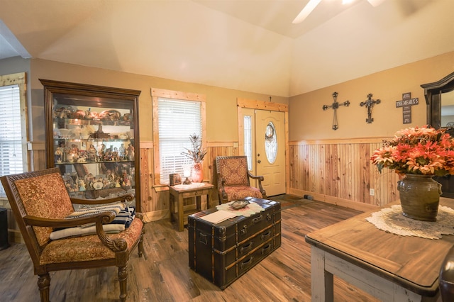 interior space featuring plenty of natural light, dark hardwood / wood-style floors, and vaulted ceiling