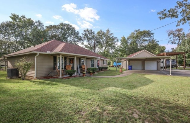 view of front of house with central air condition unit, a front yard, a carport, a porch, and a garage