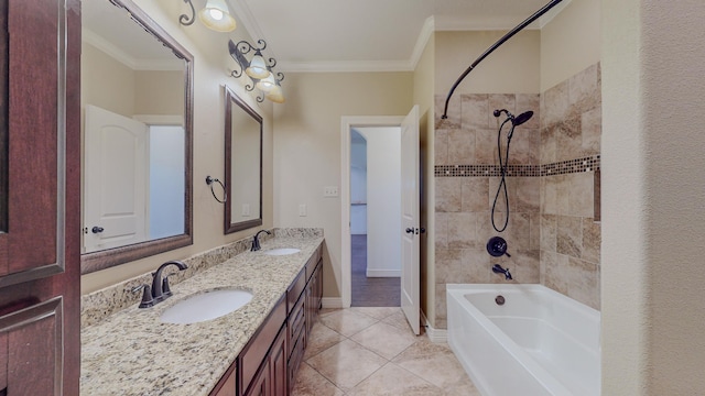 full bathroom with tile patterned floors, shower / bath combination, a sink, and crown molding