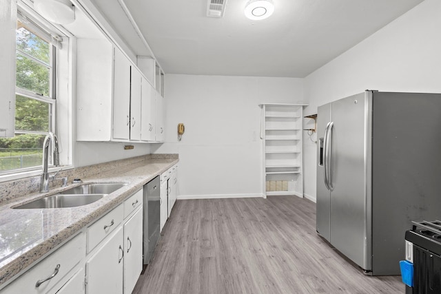 kitchen with visible vents, appliances with stainless steel finishes, light wood-type flooring, a sink, and white cabinets