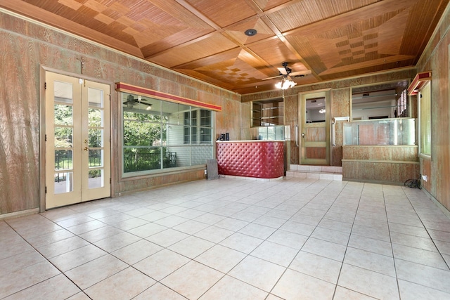 unfurnished sunroom featuring wooden ceiling and coffered ceiling