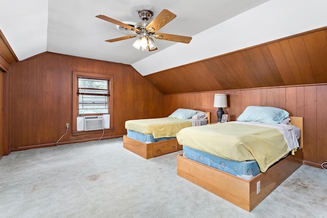 bedroom featuring light colored carpet, vaulted ceiling, ceiling fan, and cooling unit