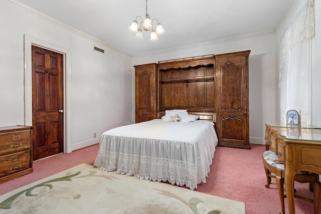 carpeted bedroom featuring a chandelier and crown molding