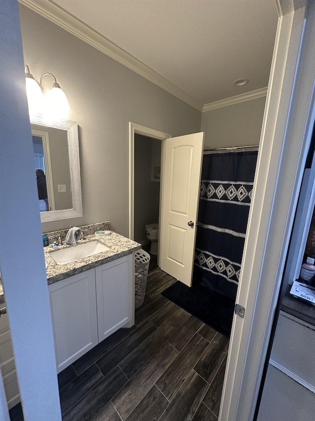 bathroom featuring vanity, a shower with shower curtain, and ornamental molding