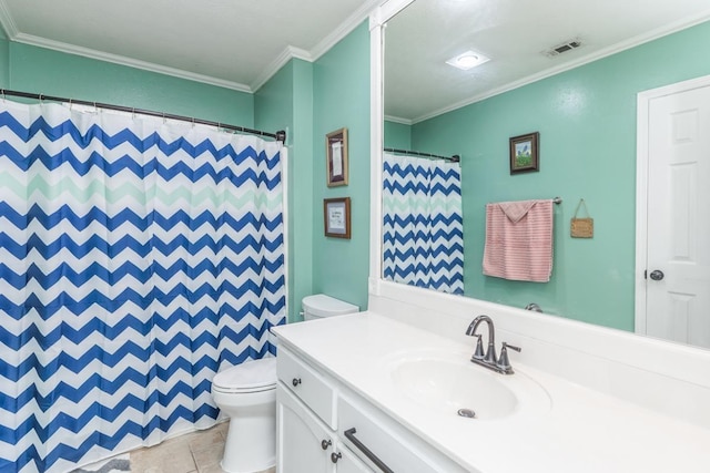 bathroom featuring a shower with curtain, tile patterned flooring, toilet, vanity, and ornamental molding