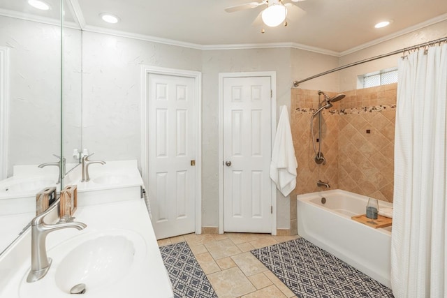 bathroom featuring vanity, shower / bathtub combination with curtain, ornamental molding, and ceiling fan