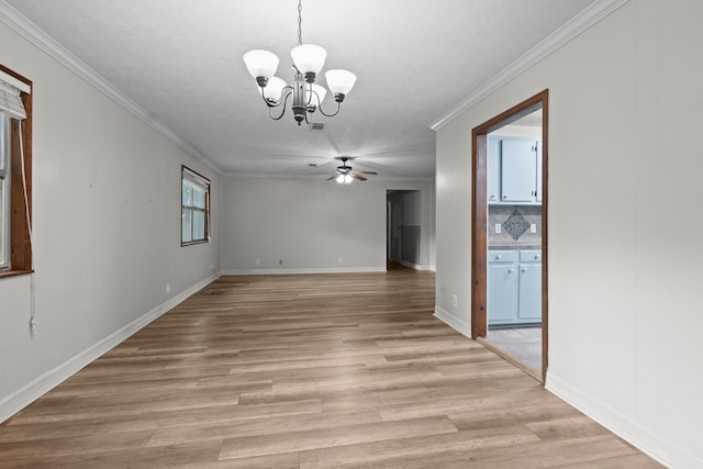8598 Cornell Dr, Lumberton, TX 77657 - unfurnished room with a chandelier, a ceiling fan, ornamental molding, and light wood-style floors