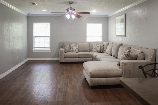 5200 N Fm 105, Vidor, TX 77662 - living room with a textured wall, a textured ceiling, dark wood-style floors, a ceiling fan, and crown molding