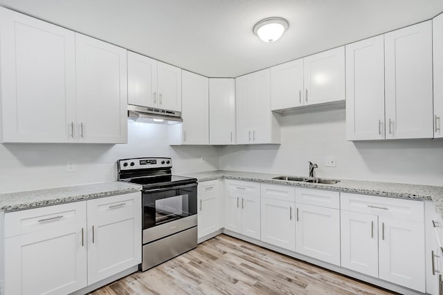 kitchen with stainless steel range with electric stovetop, white cabinets, and sink