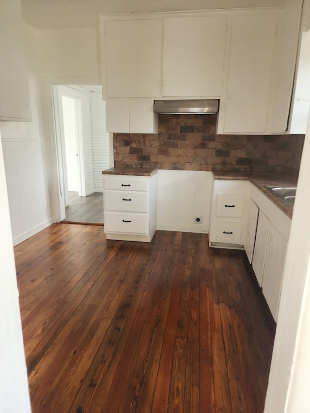 kitchen featuring sink, white cabinetry, dark wood-type flooring, and exhaust hood