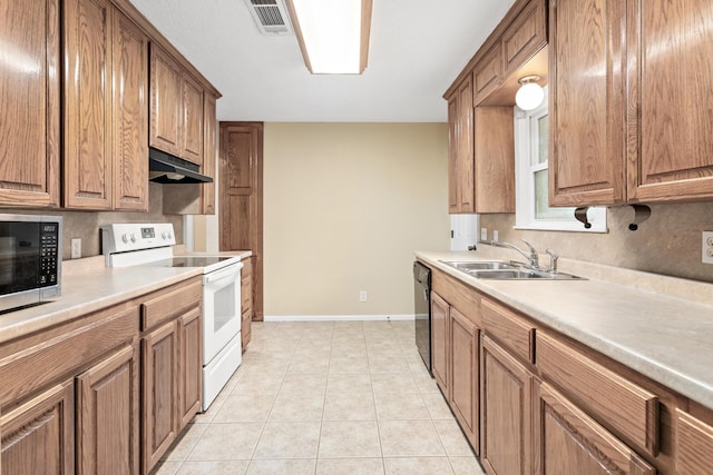 kitchen with light tile patterned flooring, white range with electric cooktop, black dishwasher, and sink