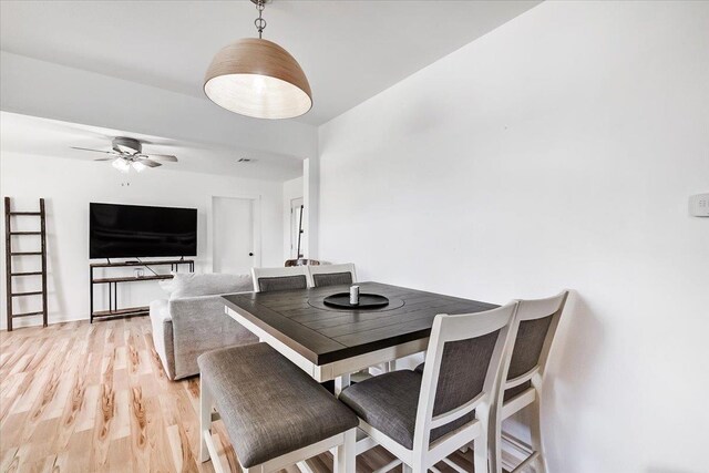 dining space with ceiling fan and light hardwood / wood-style flooring