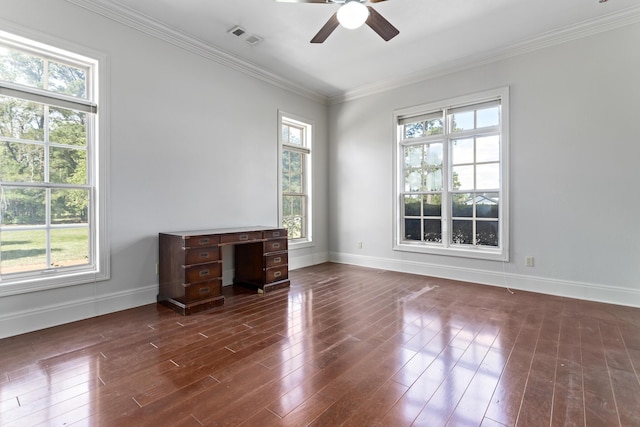 unfurnished room with dark hardwood / wood-style flooring, ceiling fan, and ornamental molding