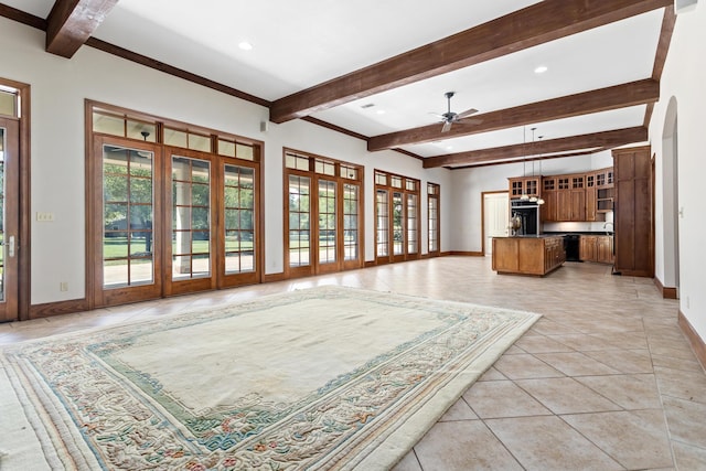 tiled living room with beam ceiling and ceiling fan