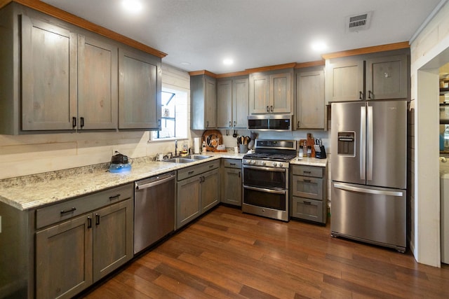 kitchen with dark hardwood / wood-style flooring, sink, light stone counters, and stainless steel appliances