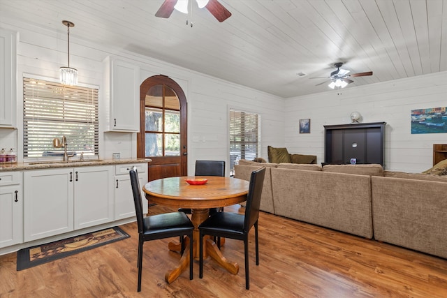 dining area with ceiling fan, light hardwood / wood-style floors, wood ceiling, and sink