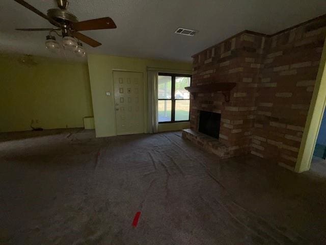 4390 Cartwright St, Beaumont, TX 77707 - unfurnished living room featuring carpet, ceiling fan, and a brick fireplace