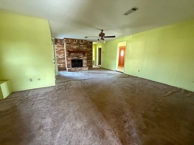 4390 Cartwright St, Beaumont, TX 77707 - unfurnished living room with carpet flooring, a ceiling fan, and a fireplace