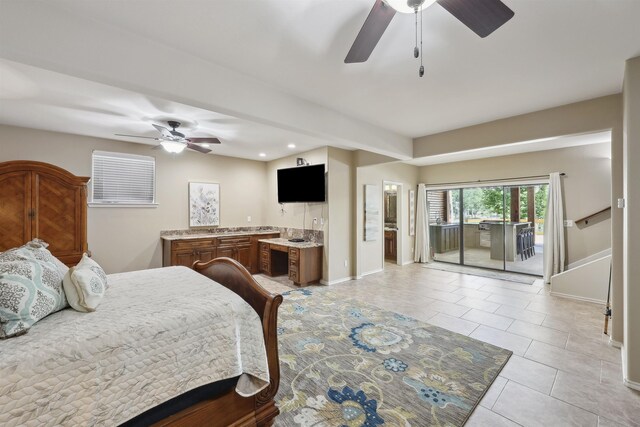 243 Riverbirch, Brookeland, TX 75931 - bedroom with access to outside, light tile patterned floors, baseboards, connected bathroom, and recessed lighting