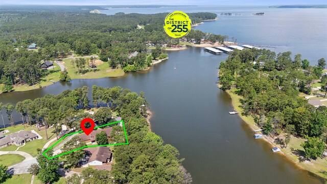 243 Riverbirch, Brookeland, TX 75931 - aerial view of property and surrounding area with a large body of water, property parcel outlined, and a forest