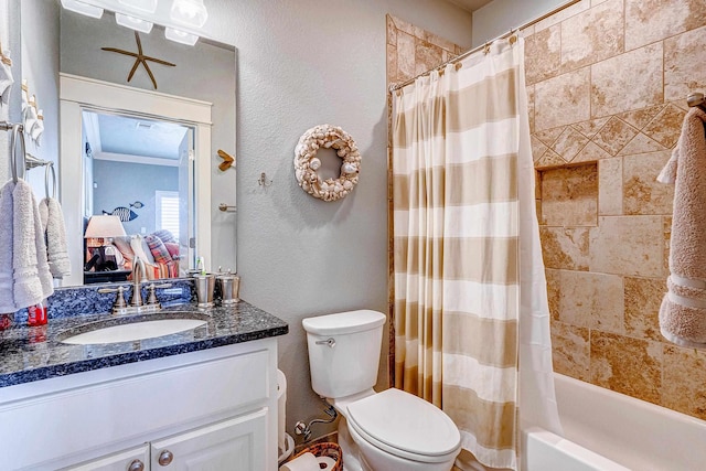 full bathroom featuring vanity, toilet, shower / bathtub combination with curtain, and crown molding