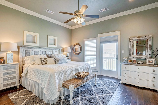 bedroom with access to exterior, dark hardwood / wood-style floors, ceiling fan, and ornamental molding