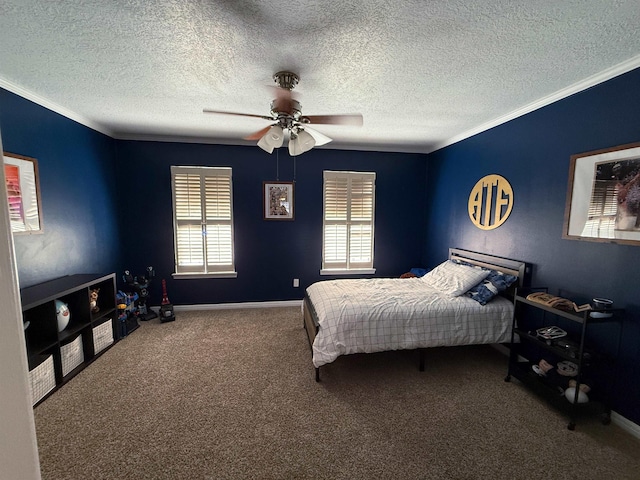 bedroom with carpet flooring, ceiling fan, crown molding, and a textured ceiling