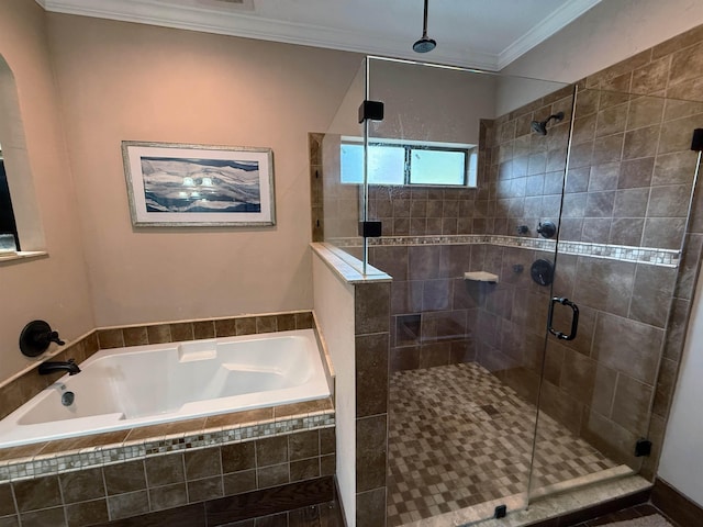 bathroom with separate shower and tub and crown molding