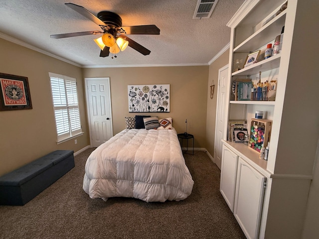 bedroom featuring ceiling fan, dark carpet, and ornamental molding