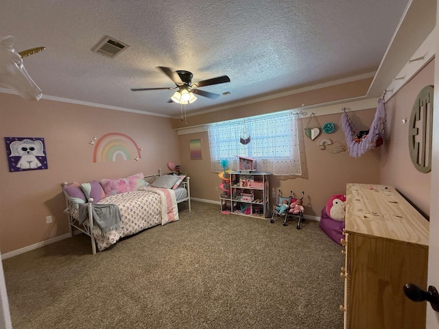 bedroom featuring a textured ceiling, ceiling fan, ornamental molding, and carpet floors