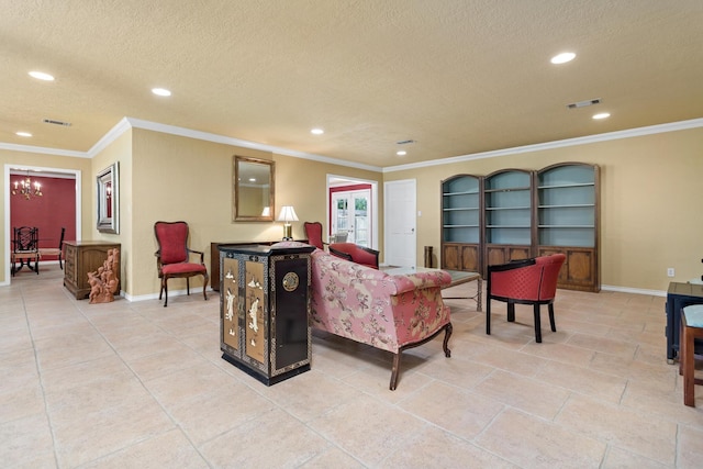 3590 Wheat Dr, Beaumont, TX 77706 - living area with a textured ceiling, recessed lighting, a chandelier, crown molding, and light tile patterned floors